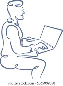 Retrato de un hombre trabajador en una laptop. Una línea gruesa y gruesa negrita de un solo dibujo doodle aislado de la ilustración del logo del contorno dibujado a mano.