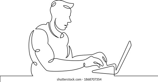 Porträt eines Arbeiters auf einem Laptop. Ein Logo für eine durchgehende Zeichnungslinie mit einem handgezeichneten Kunstdoodle einzeln auf minimale Illustration.Designer Journalist Manager.