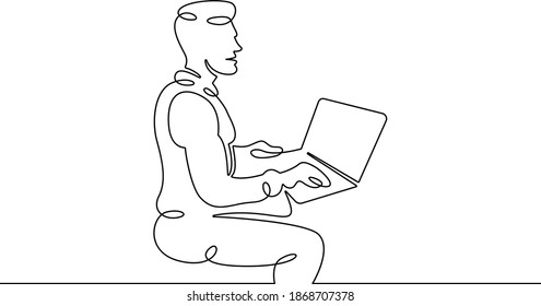 Porträt eines Arbeiters auf einem Laptop. Ein Logo für eine durchgehende Zeichnungslinie mit einem handgezeichneten Kunstdoodle einzeln auf minimale Illustration.Designer Journalist Manager.