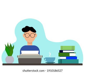 Retrato de un escritor trabajando en una máquina de escribir, en la mesa están: una taza, una flor y una pila de libros