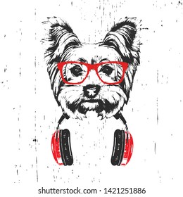 Portrait of Yorkshire Terrier Dog with glasses and headphones. Hand-drawn illustration. T-shirt design. Vector