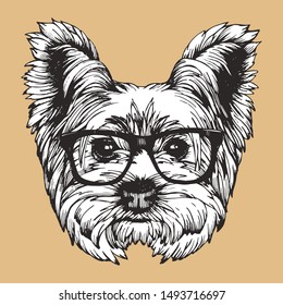 Portrait of Yorkshire Terrier Dog with glasses. Hand-drawn illustration. Vector
