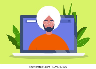 A portrait of Young adult wearing glasses. Social media profile. Laptop screen. Flat editable vector illustration, clip art