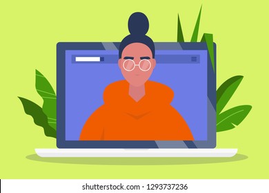 A portrait of Young adult wearing glasses. Social media profile. Laptop screen. Flat editable vector illustration, clip art