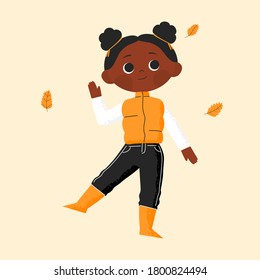 Portrait young african american Girl in Autumn background with fall clothes. Happy pupils returning to school in autumn. Hand drawn Children character vector illustration