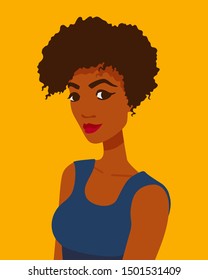 Portrait of a young African American woman. Girl on a bright yellow background looks at the viewer. Vector cartoon illustration.