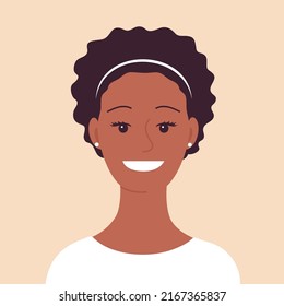 Portrait of a young African American woman. A welcoming smile on your face. Brunette hair. Avatar female consultant. Flat vector isolated illustration