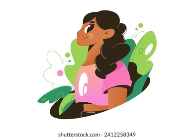 Portrait of young African American woman in leaves isolated on a white background. Profile avatar of beautiful black girl. Side view. Vector flat illustration