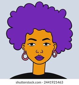 Portrait of young african american woman with purple lip, curly afro hair and piercing. Vector avatar of female character isolated on background