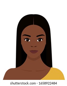 Portrait of a young African girl with long black hair, with a smile on her face. Vector flat stock illustration on a transparent background