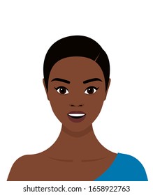 Portrait of a young African girl with short black hair, with a smile on her face. Vector flat stock illustration on a transparent background