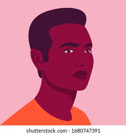 Portrait of a young African man. Avatar of an American guy for social network. Colorful portrait. Student of the university. Vector flat illustration