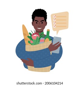 A portrait of a young african man holding up a paper bag filled with groceries and a smartphone with a checked shopping list. Storing a to do list on a phone or using an organiser app. Flat style