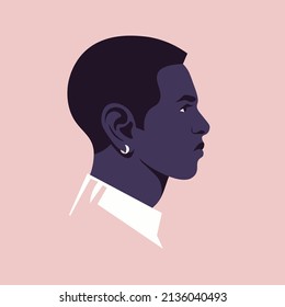 Portrait of a young African man in the profile. Diversity. Face of a businessman. Side view. Avatar for social media. Vector flat illustration