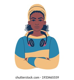 Portrait of a young african woman in a colorful hoodie wearing a beanie and headphones. Cartoon teenager avatar. Flat style illustration. 