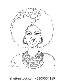 Portrait of a young African woman with curly hair. A woman in earrings and with jewelry on her neck. Line art, continuous line. Sketch of an African girl. Vector illustration isolated on white.