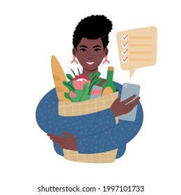 A portrait of a young african woman holding up a paper bag filled with groceries and a smartphone with a checked shopping list. Storing a to do list on a phone or using an organiser app. Flat style