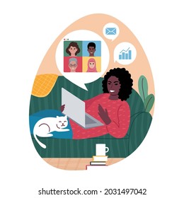 Portrait of a young african woman lying on a sofa with a laptop. Videocall with a multi ethnic team of co-workers. Working remotely from home. Flat style vector illustration.
