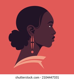 Portrait of a young African woman in profile. Diversity. Avatar. A face of fashion model. Side view. Vector flat illustration