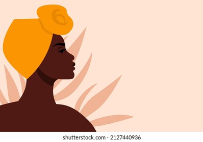 Portrait of a young African woman in profile. The diversity and ethnicity of the avatar of a dark - skinned girl  in a headscarf . The face of a model. Side view. Vector flat illustration