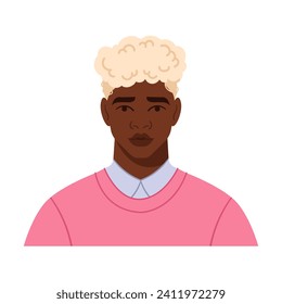 Portrait of a young African-American man with dyed blond hair. The avatar of a male character is full-face in a flat style. Bright vector illustration