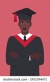 Portrait of a young African-American. Vector illustration of a happy guy, a student in a cap, a robe with crossed arms. The concept of celebrating the graduation ceremony from school, university.