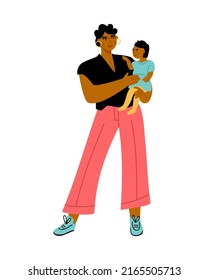 Portrait Of Young Afro American Woman Standing With Her Infant Kid. Mom Holding Her Baby On Hands. Mother And Daughter. Vector Flat Illustration