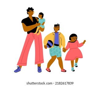 Portrait Of Young Afro American Woman Standing With Her Infant Kids. Mom And Her Babies. Mother With Son And Daughters. Vector Flat Illustration