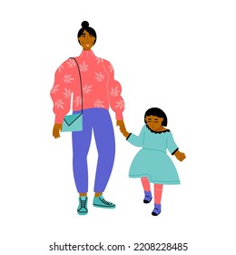 Portrait Of Young Afro American Woman Standing With Her Infant Kid. Mom And Daughter. Mother Walking With Child. Vector Flat Illustration