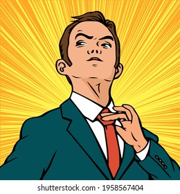 Portrait of a young ambitious businessman. A man in a business suit and tie. Vector pop art retro illustration.