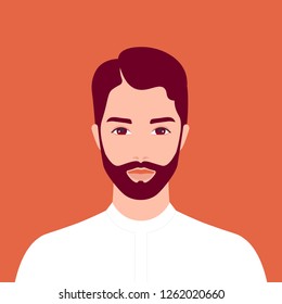 Portrait of a young Arab man with a beard. Oriental businessman. The guy in national clothes. Vector flat illustration