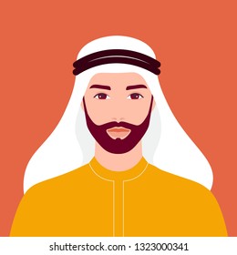 Portrait of a young Arab man with a beard. Oriental businessman. The guy in national clothes. Vector flat illustration