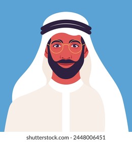 Portrait of a young Arab man with a beard. Middle Eastern Ethnicity businessman in national clothes. Vector flat illustration