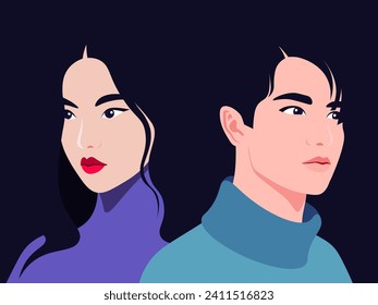 Portrait of a young Asian couple are half turned. Husband and wife. Woman and man on dark background. Family relationships and gender conflict. Psychology. Divorce. Vector flat illustration