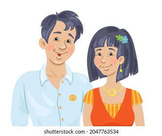 Portrait of a young Asian couple of man and woman. In cartoon style. Isolated on white background. Vector illustration. 