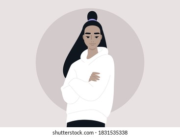 A portrait of a young Asian female character wearing a blank hoodie, streetwear fashion