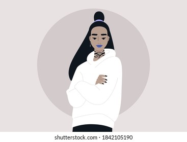 A portrait of a young Asian girl with tattoos and piercing wearing a hoodie and a blue lipstick, a youth subculture