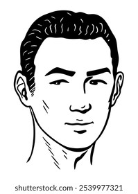 Portrait of a young asian man. Beautiful people. Black and white scat on a white background. Vector art illustration