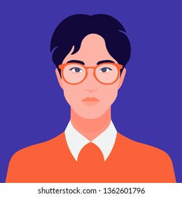 Portrait of a young asian man. Foreign student. Diversity. Avatar eastern guy. Vector flat illustration