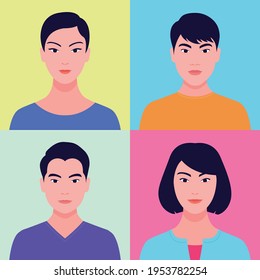 Portrait of young asian people in flat style