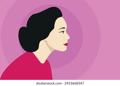 Retrato de una joven asiática. Hermosa vista lateral de la cara femenina, piel blanca, pelo negro, silueta realista. Perfil femenino, cabeza y hombros sobre fondo rosa. Ilustración vectorial plana 