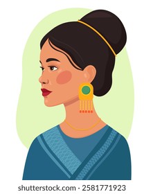 Portrait of a young asian woman with black hair. Laotian or Vietnamese girl in traditional dress and gold earrings. Pretty girl. Vector illustration.