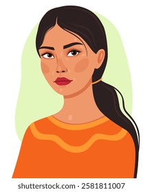 Portrait of a young asian woman with black hair and orange clothes. Vietnamese or Chinese girl. Vector illustration.