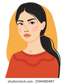 Portrait of a young asian woman with black hair and red clothes. Chinese or Vietnamese girl. Vector illustration.