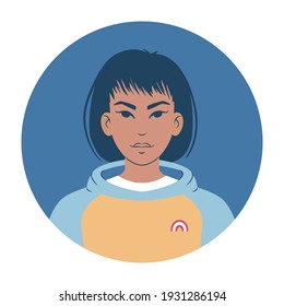 Portrait of a young asian woman in a colorful hoodie. Cartoon teenager avatar. Flat style illustration. 