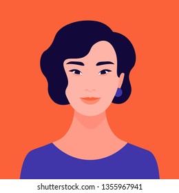 Portrait Of A Young Asian Woman. The Face Of A Foreign Student. Diversity. Avatar. Vector Flat Illustration