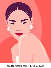 Portrait Of A Young Asian Woman. Fashion Model. Bright Vector Illustration In Flat Style.