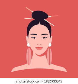 Portrait of a young asian woman. Fashion and beauty. Bright vector illustration in flat style.