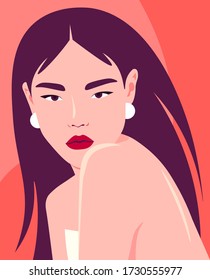 Portrait of a young asian woman. The girl is model. Fashion and beauty. Bright vector illustration in flat style.