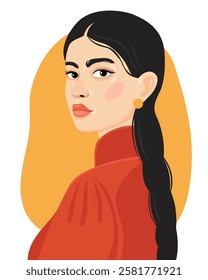 Portrait of a young asian woman with long black hair and pale skin. Chinese woman in traditional red dress. Pretty girl. Vector flat illustration.